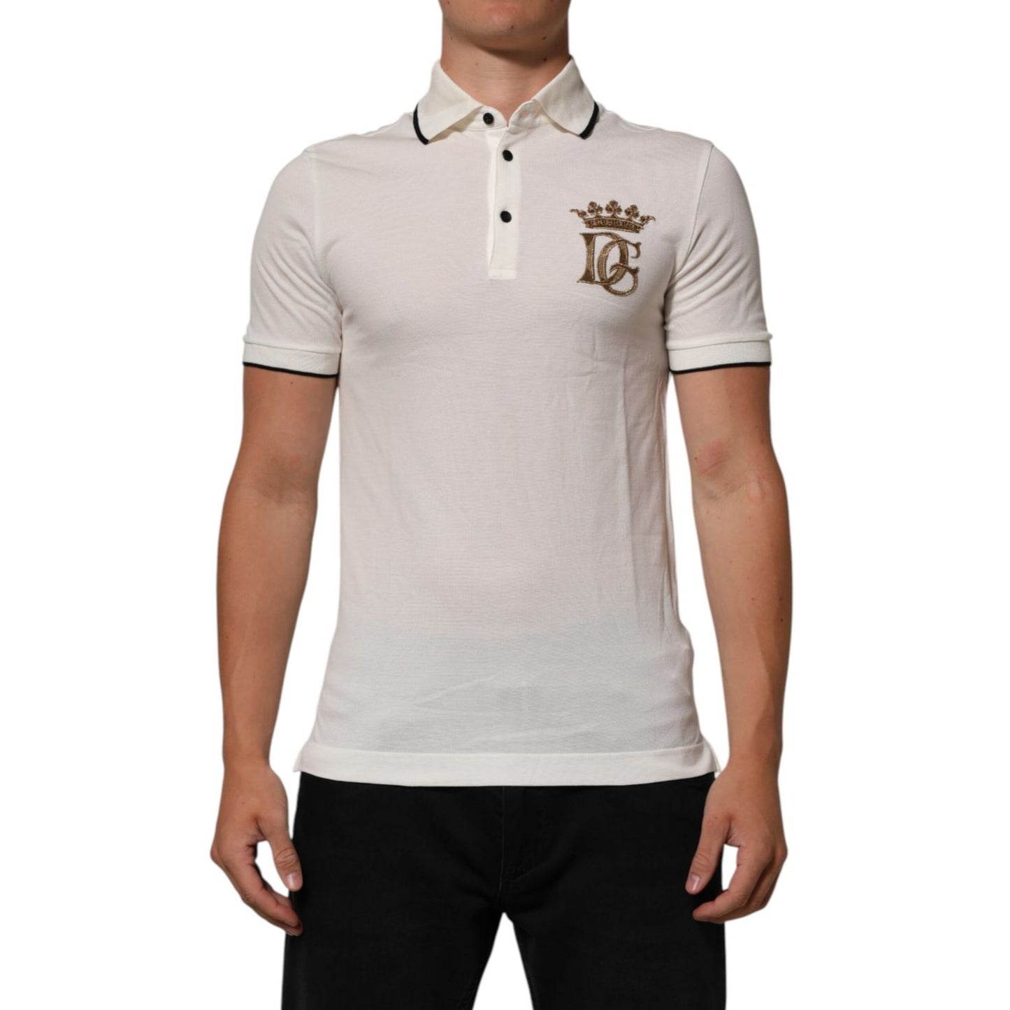 Dolce & Gabbana White Logo Embroidery Cotton Polo T-shirt with short sleeves and embroidered chest logo on a model