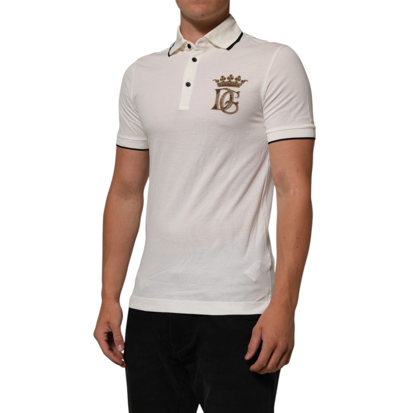 Man wearing Dolce & Gabbana White Logo Embroidery Cotton Polo T-shirt with embroidered logo, short sleeves, and classic collar design.
