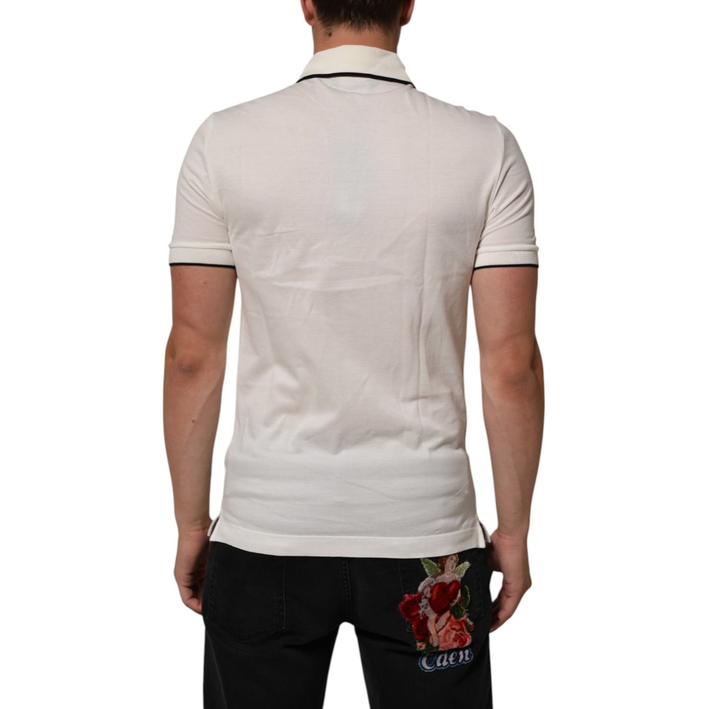 Back view of Dolce & Gabbana White Logo Embroidery Cotton Polo T-shirt on model