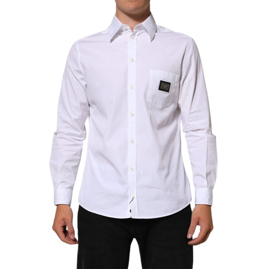Dolce & Gabbana White Logo Plaque Collared Formal Dress Shirt on model, showcasing sophisticated and elegant design.