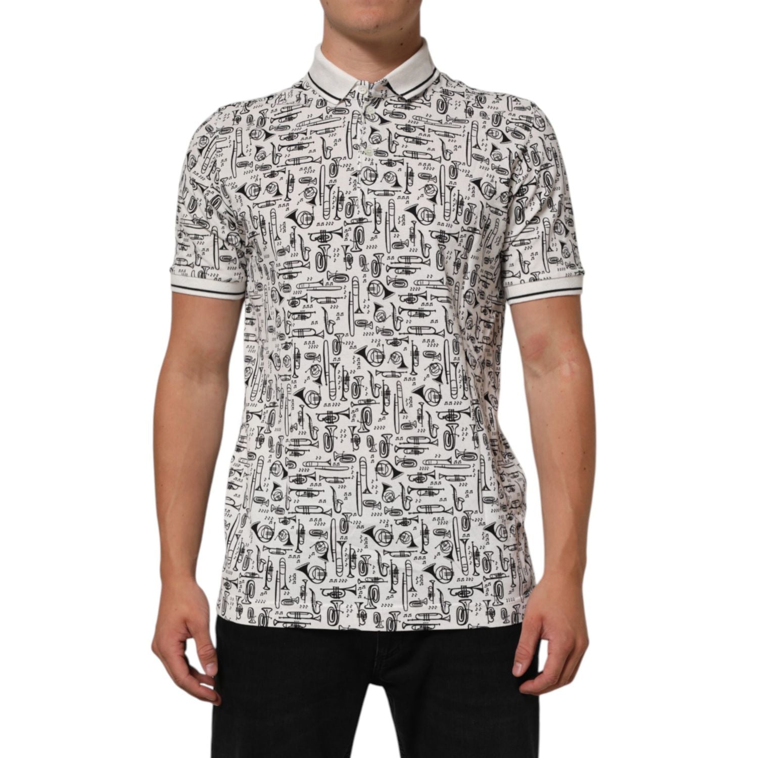 Dolce & Gabbana White Musical Print Collared Polo T-shirt