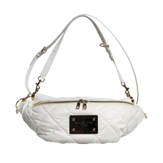 Dolce & Gabbana White Quilted Logo 90's Sicily Belt Waist Fanny Pack Bag with gold-tone plaque and adjustable strap