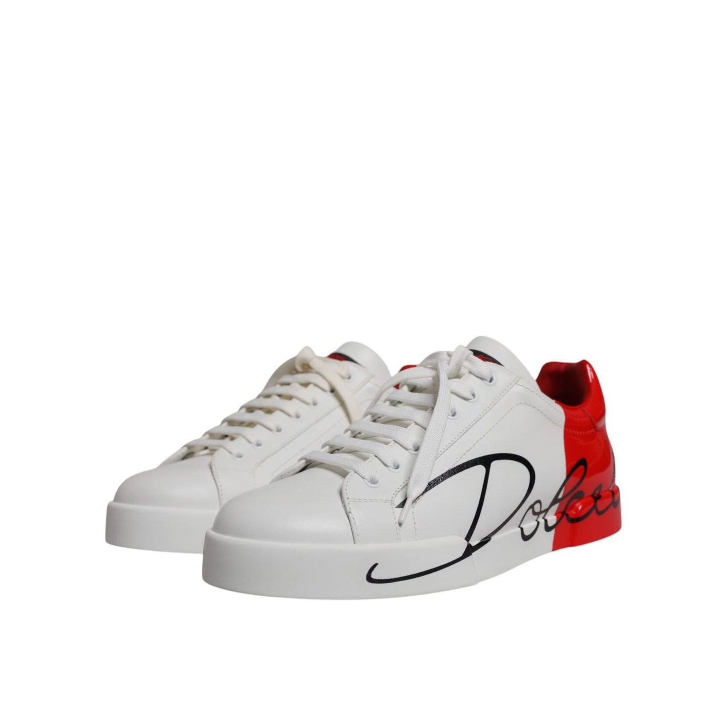 Dolce & Gabbana White Red Portofino Low Top Men Sneakers Shoes in white leather with red accents and signature design, side view.