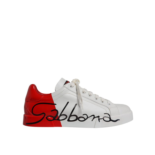 Dolce & Gabbana White Red Portofino Low Top Men Sneakers Shoes, crafted from white leather with red accents, signature luxury design.