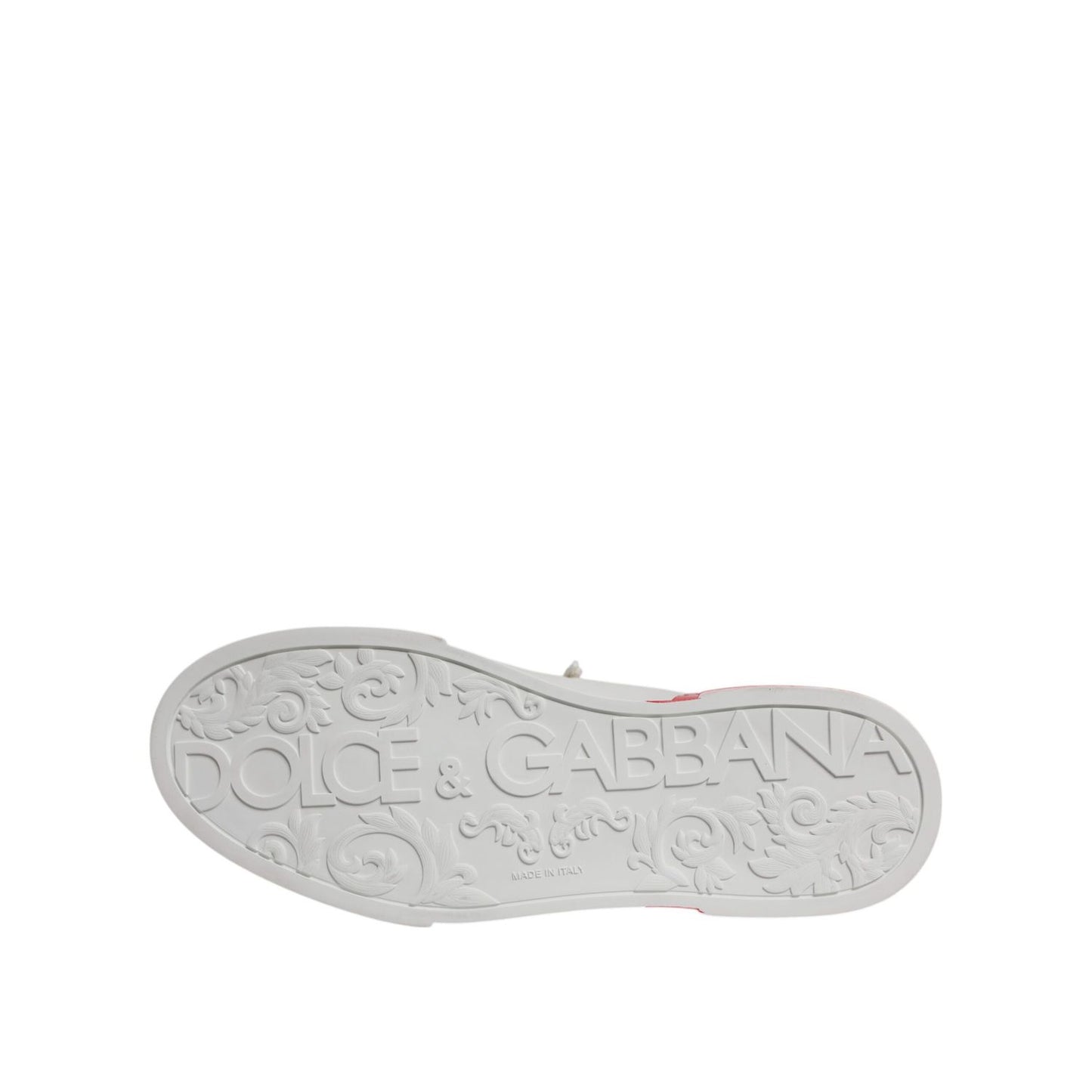 Bottom view of Dolce & Gabbana White Red Portofino Low Top Men Sneakers Shoes displaying logo and textured sole.