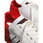 Dolce & Gabbana White Red Portofino Low Top Men Sneakers Shoes in white leather with red accents, showcasing modern style and comfort.