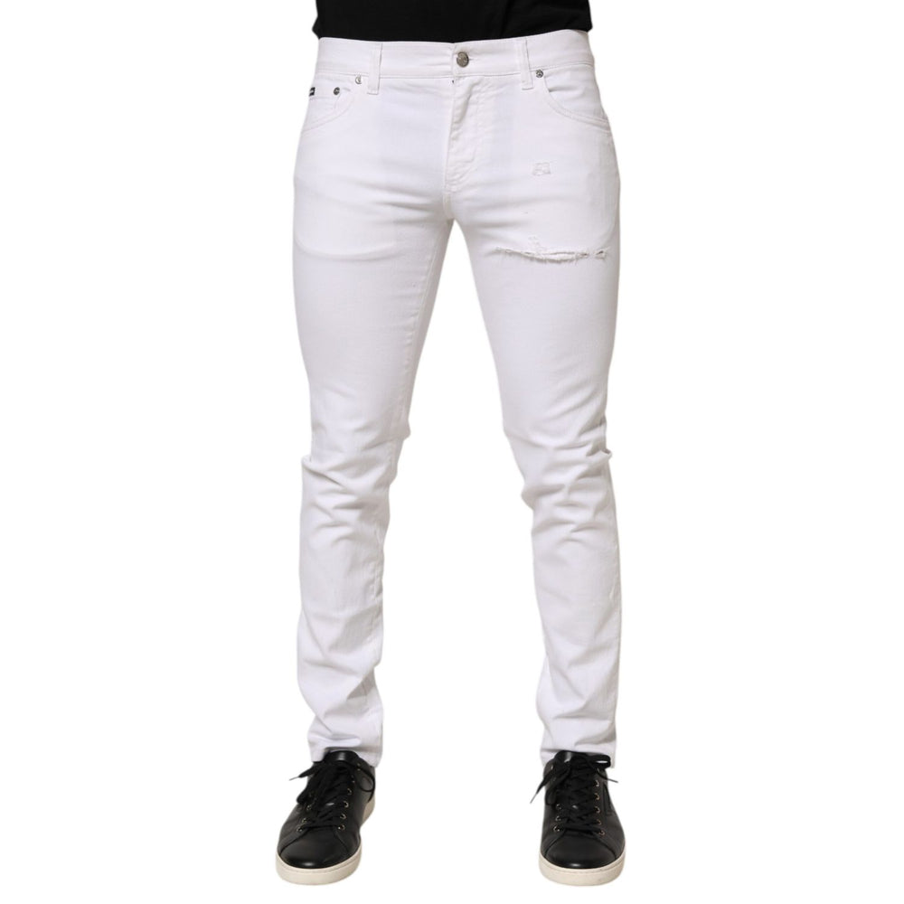 Dolce & Gabbana White Ripped Cotton Skinny Men Denim Jeans front view showcasing stylish design and fit.