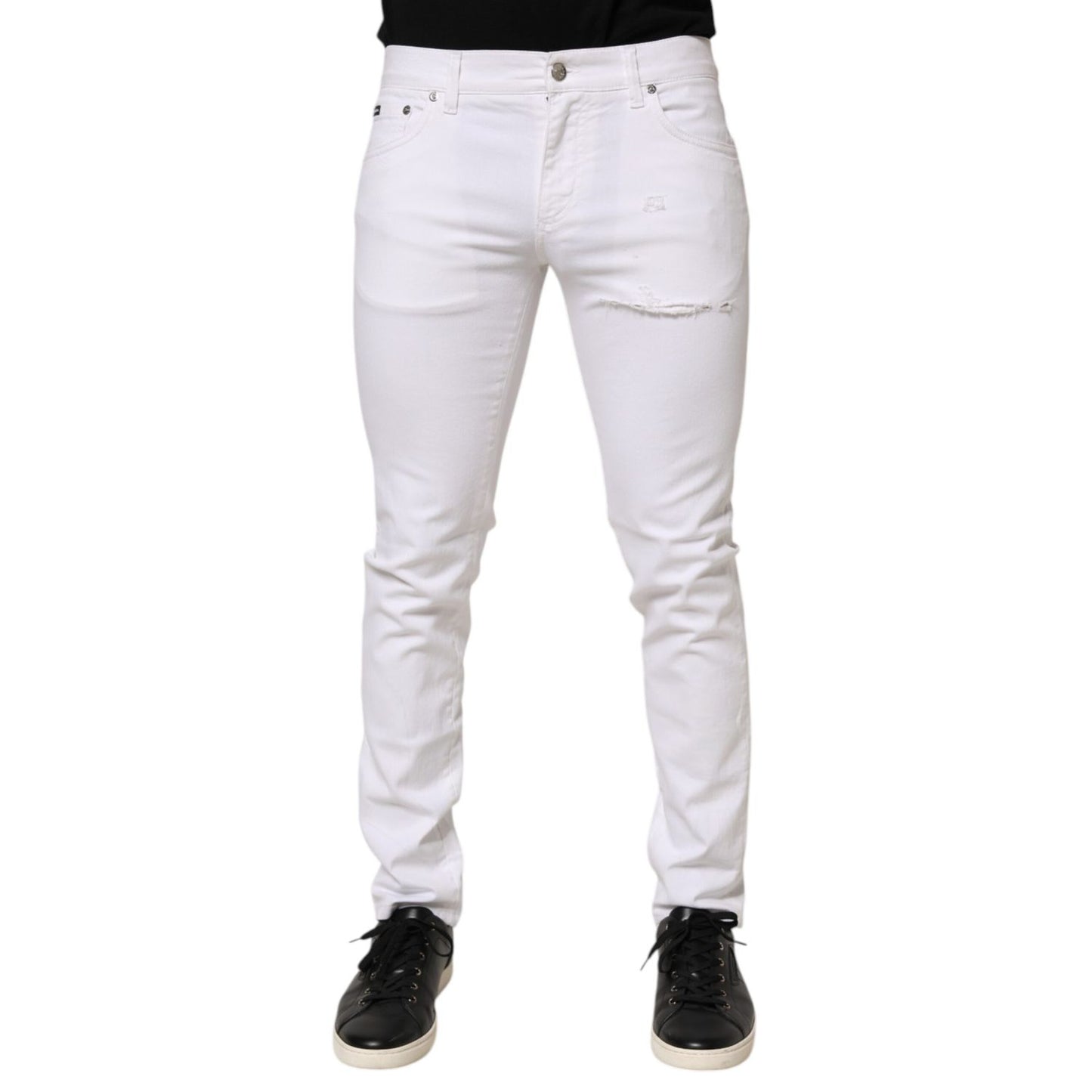 Dolce & Gabbana White Ripped Cotton Skinny Men Denim Jeans front view showcasing stylish design and fit.