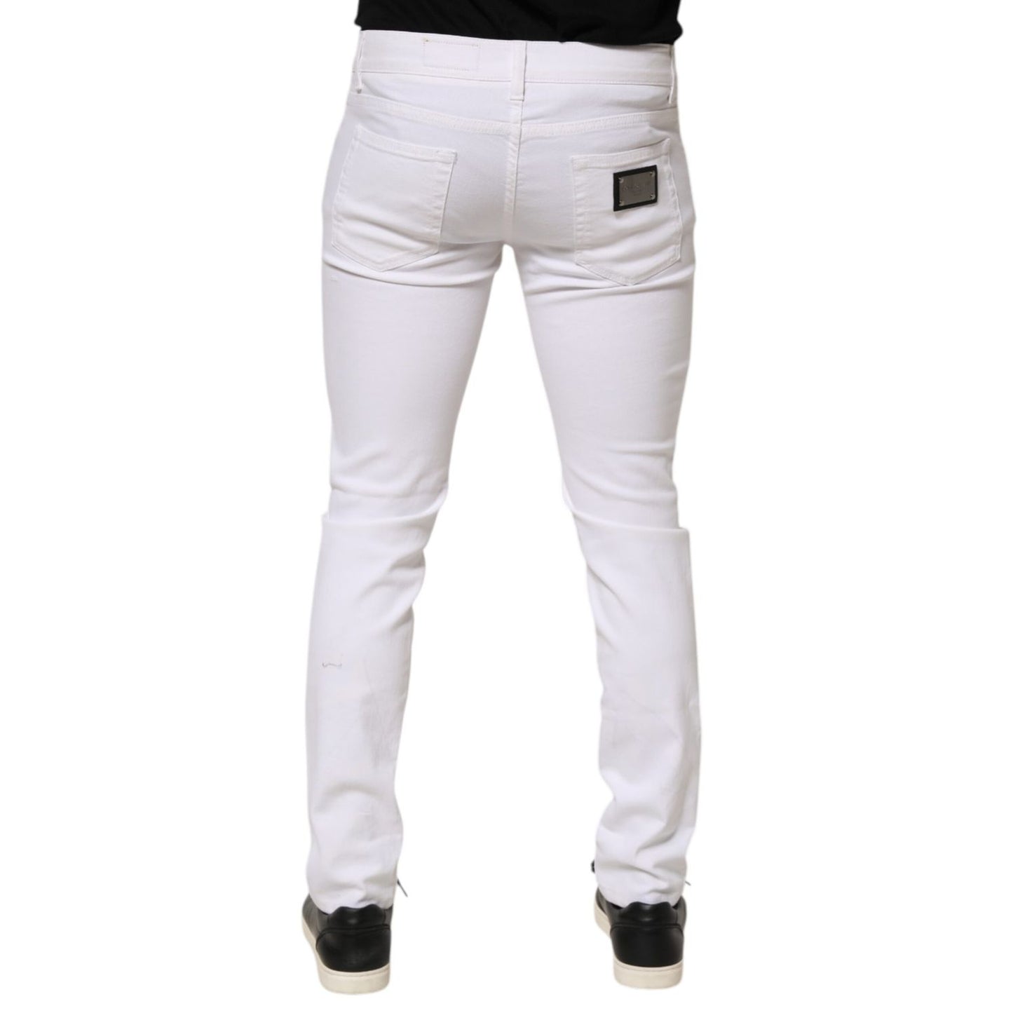 Back view of Dolce & Gabbana White Ripped Cotton Skinny Men Denim Jeans, showcasing premium design and sleek skinny fit.