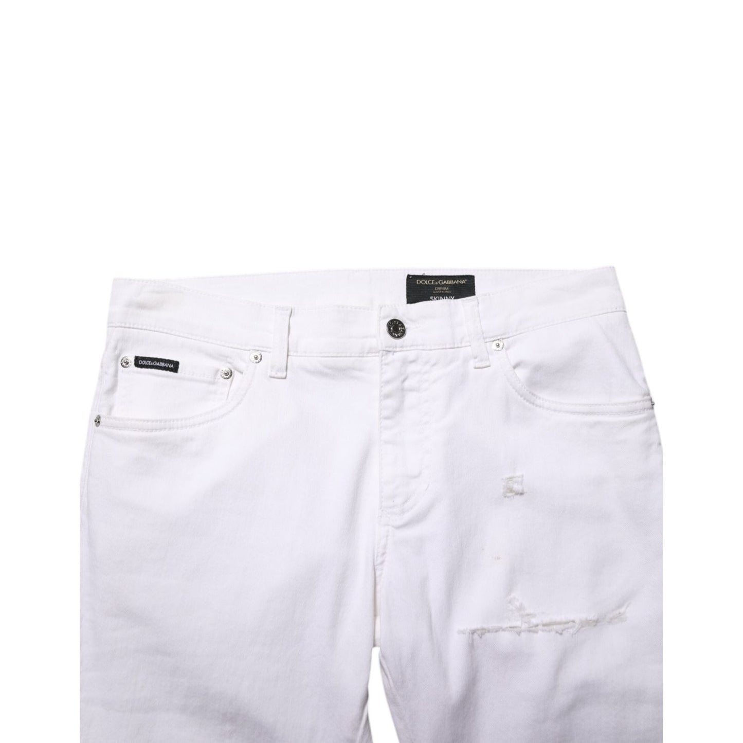 Dolce & Gabbana White Ripped Cotton Skinny Men Denim Jeans with modern design and classic five-pocket style.