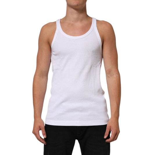 Man wearing Dolce & Gabbana White Sleeveless Round Neck Tank T-shirt, made of soft cotton. Regular fit with minor stains on the front.