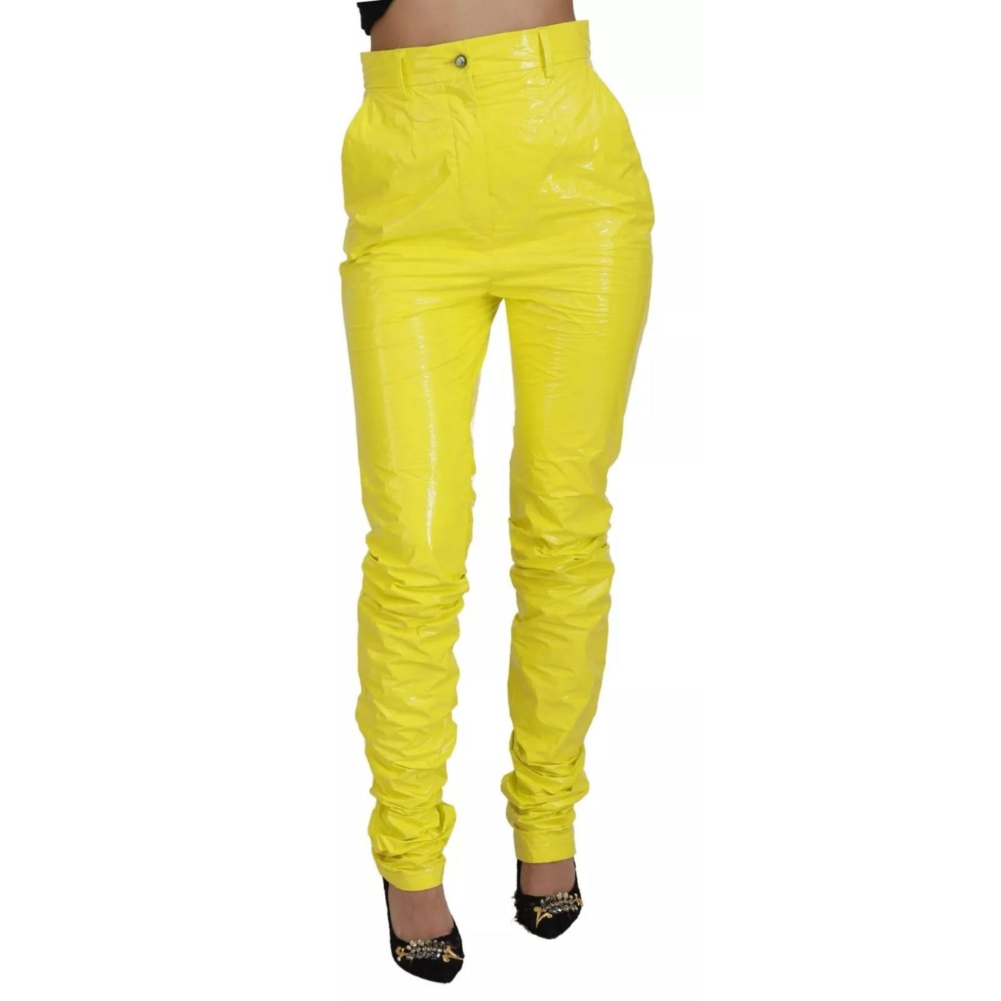 Dolce & Gabbana Yellow High Waist Skinny Women Trouser Pants with zipper and button closure, featuring slight discoloration on the back.
