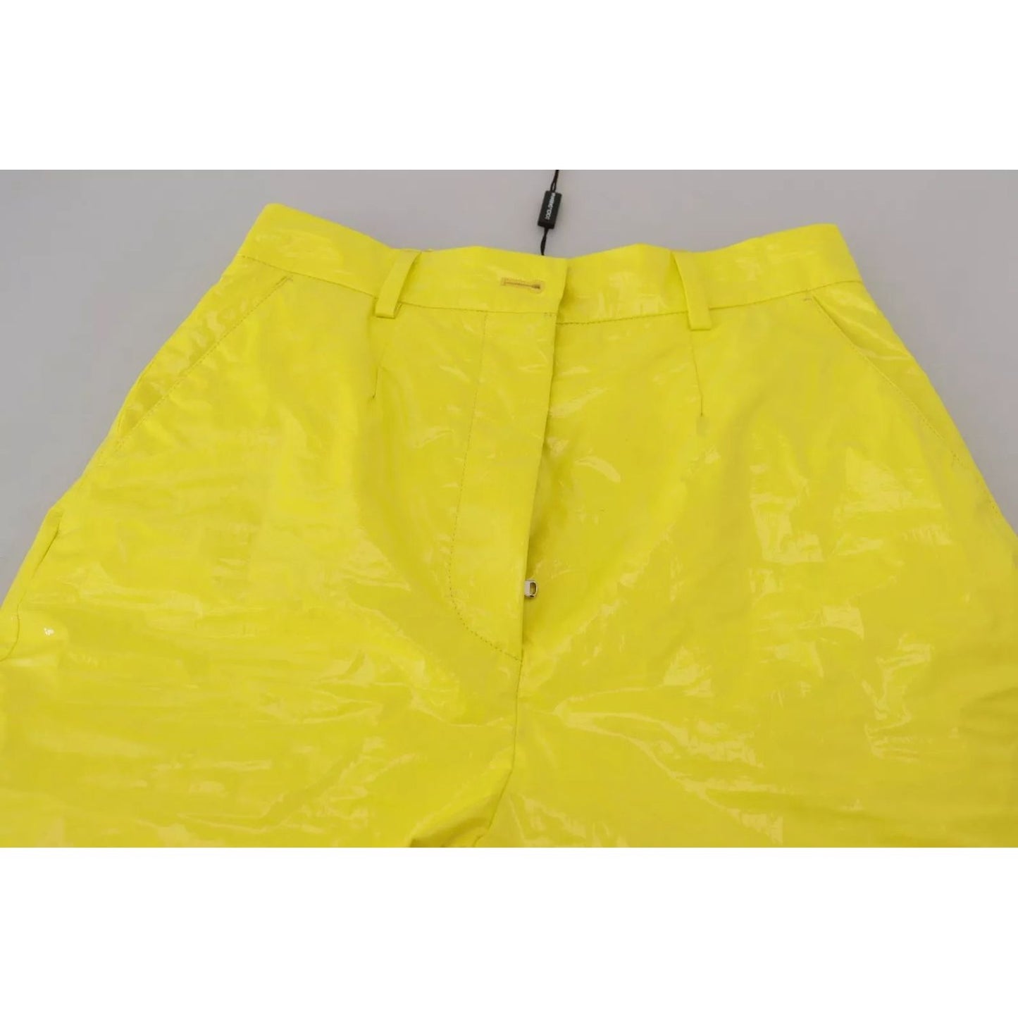 Dolce & Gabbana Yellow High Waist Skinny Women Trouser Pants with logo details and minor discoloration, made in Italy.