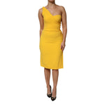 Dolce & Gabbana Yellow One Shoulder Side Slit Sheath Dress on model, elegant evening wear, sleek silhouette, contemporary fashion statement.