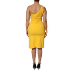 Back view of a model wearing a Dolce & Gabbana Yellow One Shoulder Side Slit Sheath Dress in a sheath silhouette.