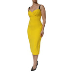 Dolce & Gabbana Yellow Polyester Sleeveless Sheath Midi Dress worn by a model, showcasing sleek and elegant design, perfect for versatile styling.