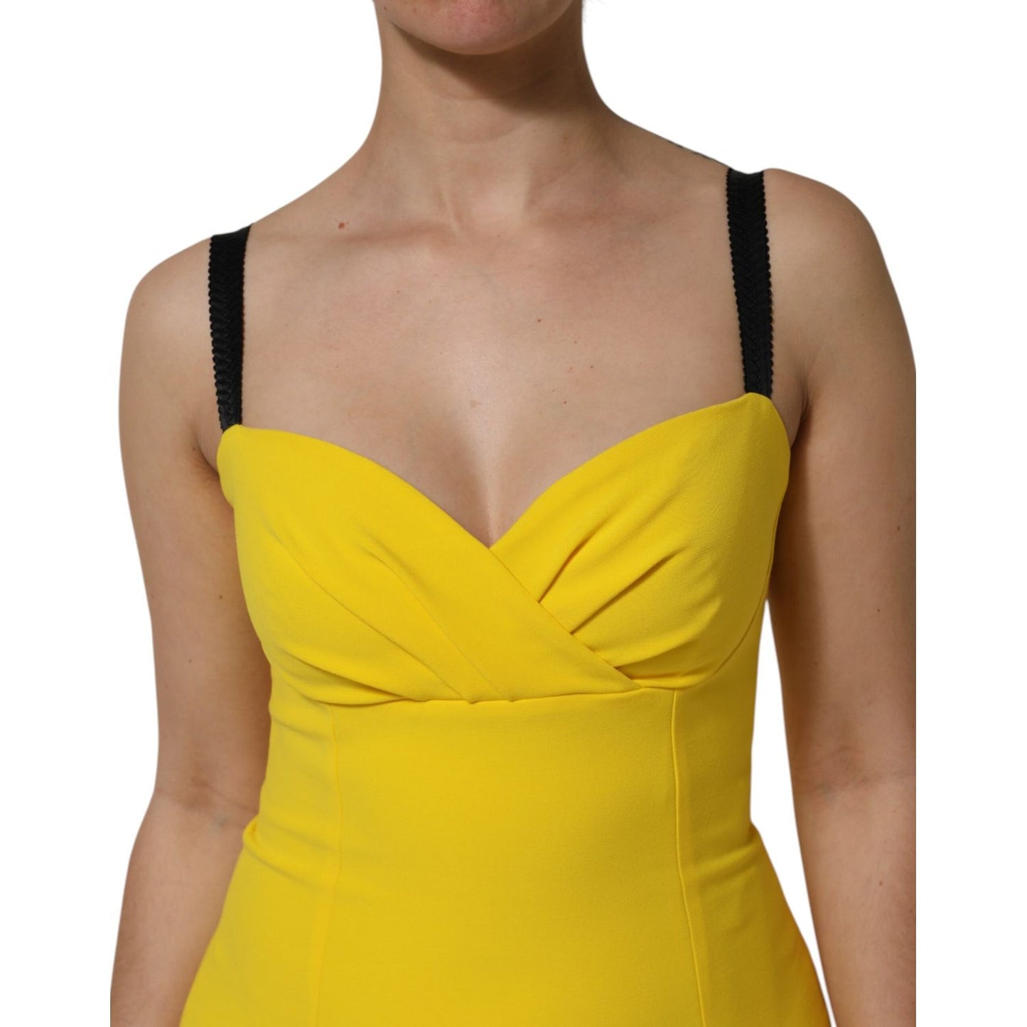 Dolce & Gabbana Yellow Polyester Sleeveless Sheath Midi Dress with black straps, elegant style for various occasions.