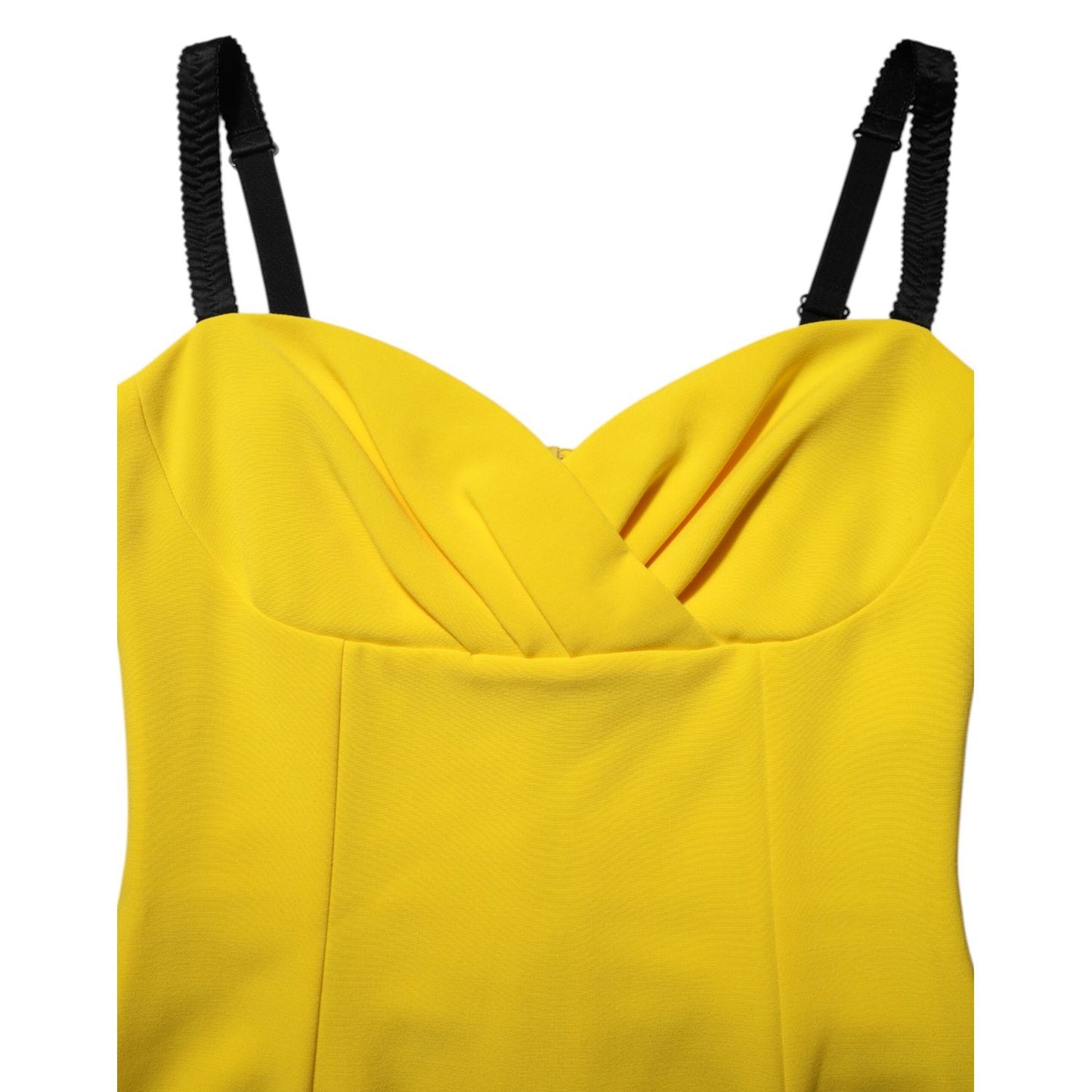 Dolce & Gabbana Yellow Polyester Sleeveless Sheath Midi Dress with black straps, showcasing a sleek and flattering design.