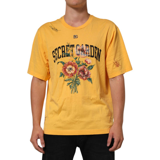 Dolce & Gabbana Yellow Secret Graden Floral Cotton Crew Neck T-shirt with floral print on model, front view.