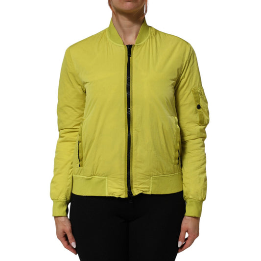 Dondup Yellow Polyamide Zipper Bomber Women’s Jacket with ribbed trims, showcased in front view, emphasizing vibrant color and casual style.