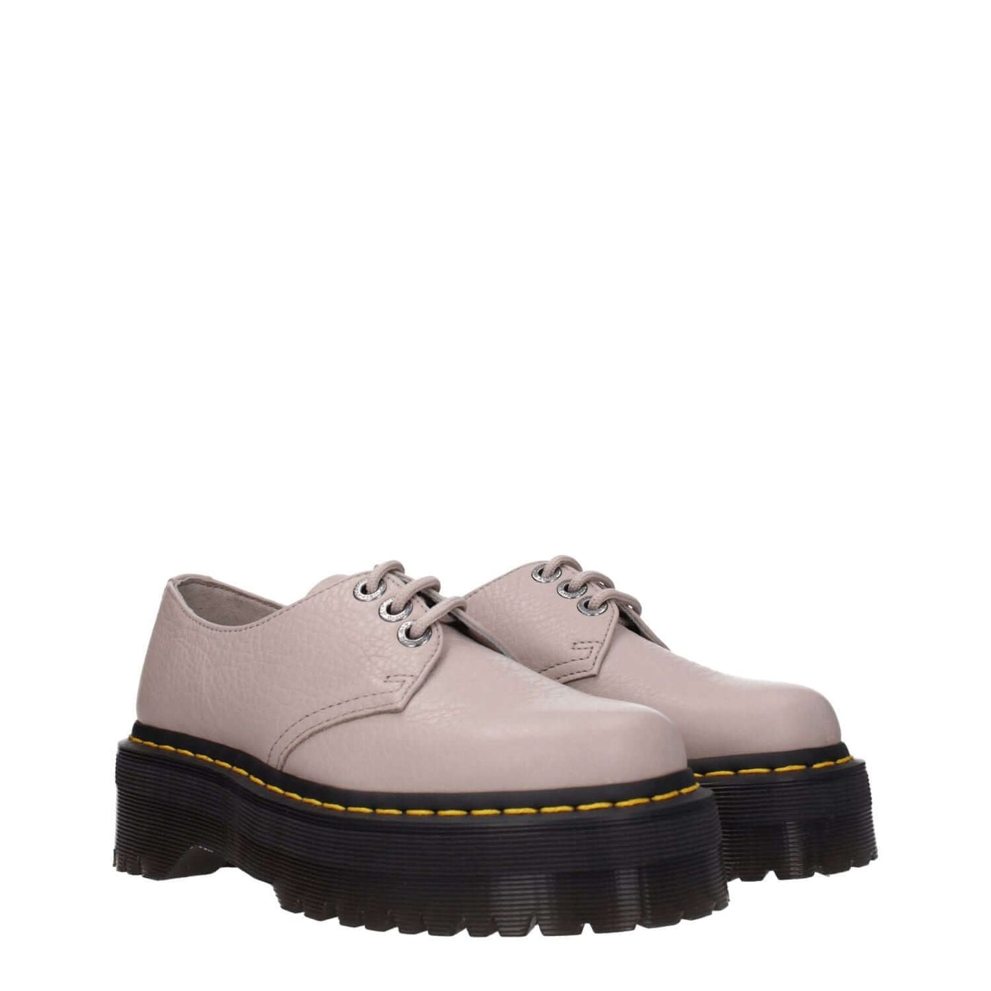 Dr. Martens Gray Leather Oxfords And Derbies with lace-up design and rubber sole, featuring a taupe color and mid heels.