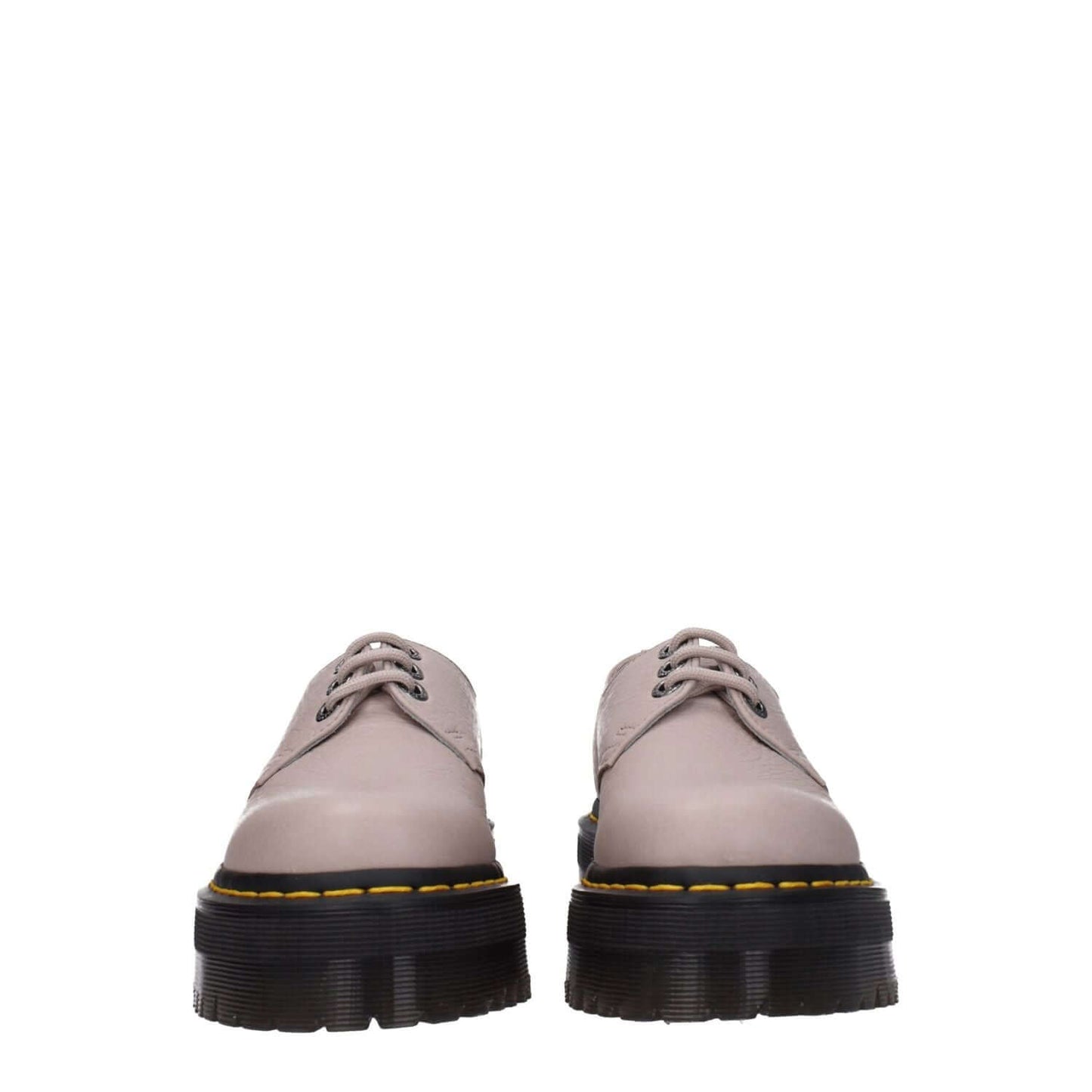 Dr. Martens Gray Leather Oxfords And Derbies with lace-up design, taupe accents, and rubber sole, featuring round toe and mid heels.
