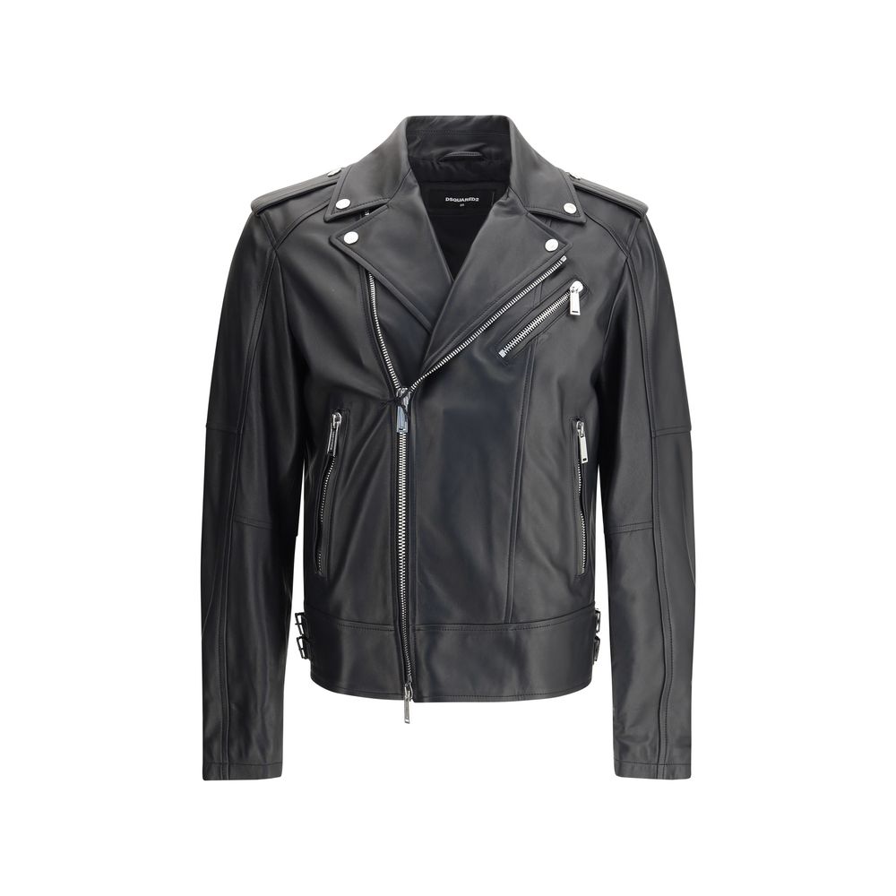 Dsquared² Black Calf Leather Bos Taurus Biker Jacket with zipper details and buckle straps.