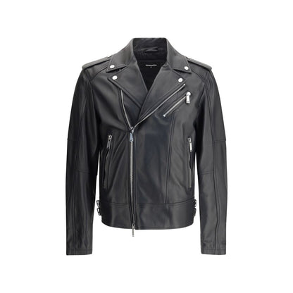 Dsquared² Black Calf Leather Bos Taurus Biker Jacket with zipper details and buckle straps.
