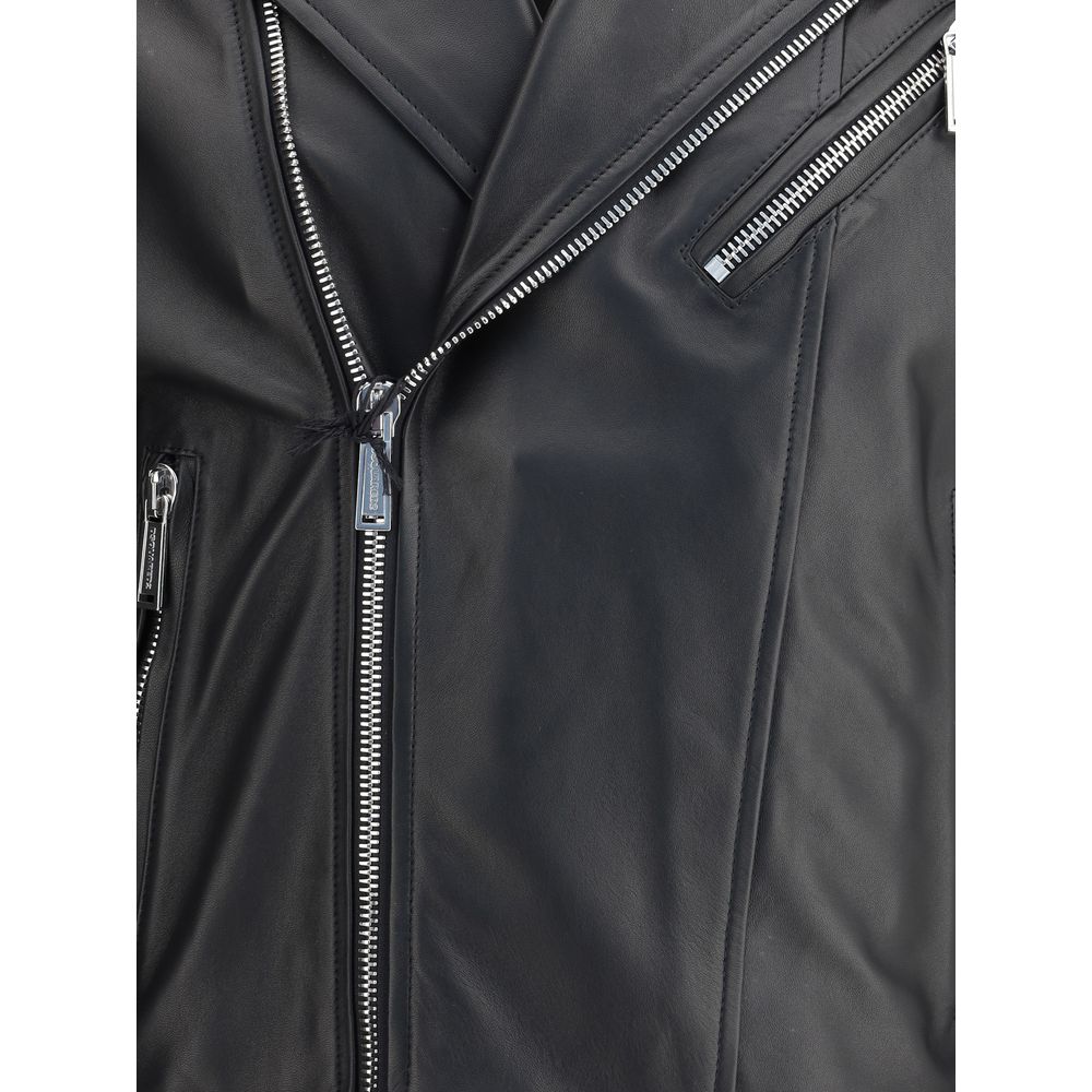 Close-up of Dsquared² Black Calf Leather Bos Taurus Biker Jacket with zippers and lapel collar.