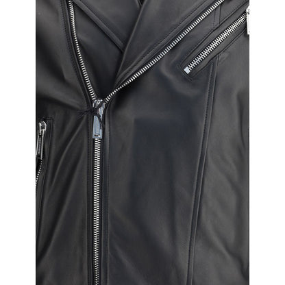 Close-up of Dsquared² Black Calf Leather Bos Taurus Biker Jacket with zippers and lapel collar.