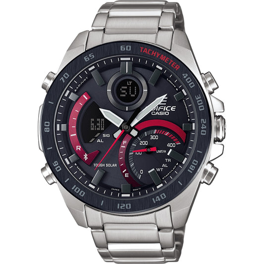 Alt Tag: CASIO EDIFICE Mod. SPORT Bluetooth wristwatch with stainless steel case and bracelet, multifunction dial, and solar movement.