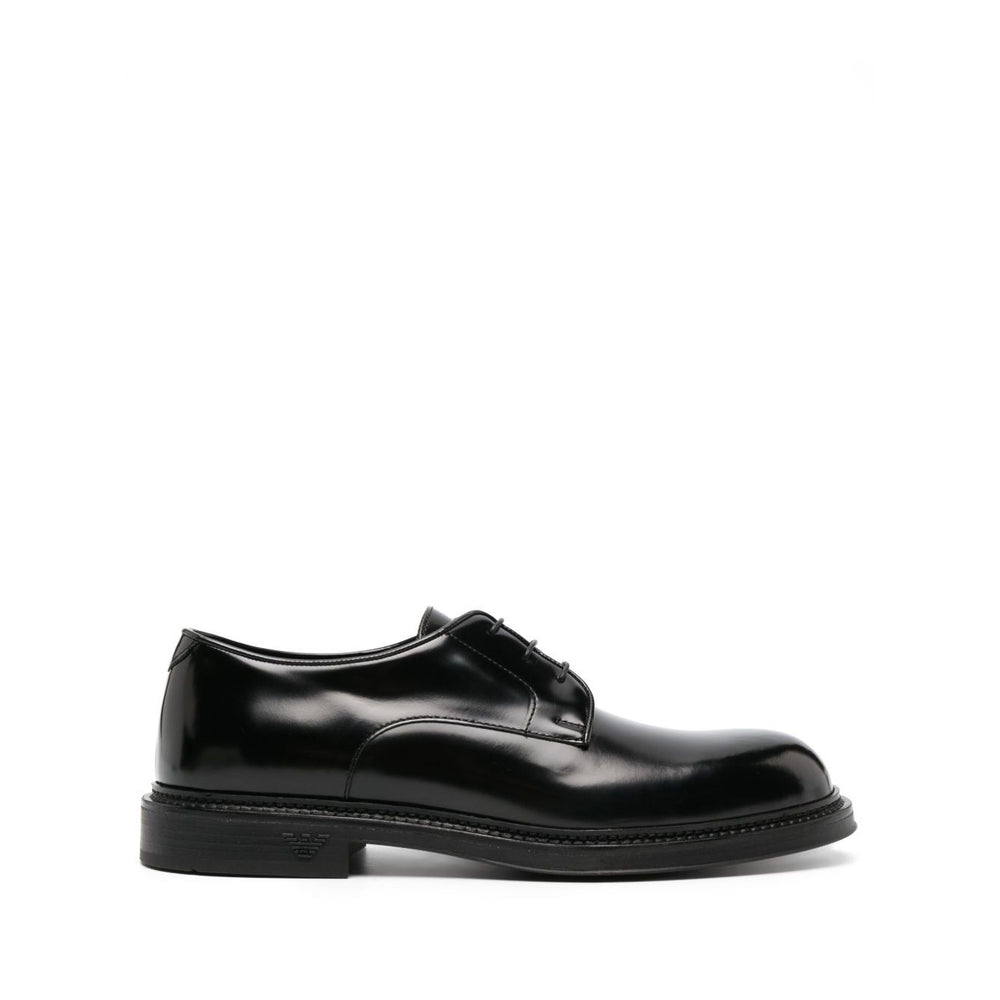 EMPORIO ARMANI EXCLUSIVE Derby shoes in buffed leather, black calf, patent finish, almond toe, front lace-up, 35mm stacked heel.