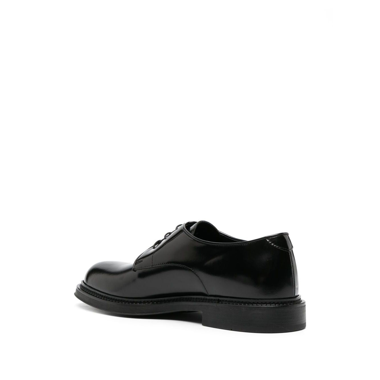 Back view of EMPORIO ARMANI EXCLUSIVE Derby shoes in buffed leather, black calf leather, almond toe, 35mm heel, rubber sole.