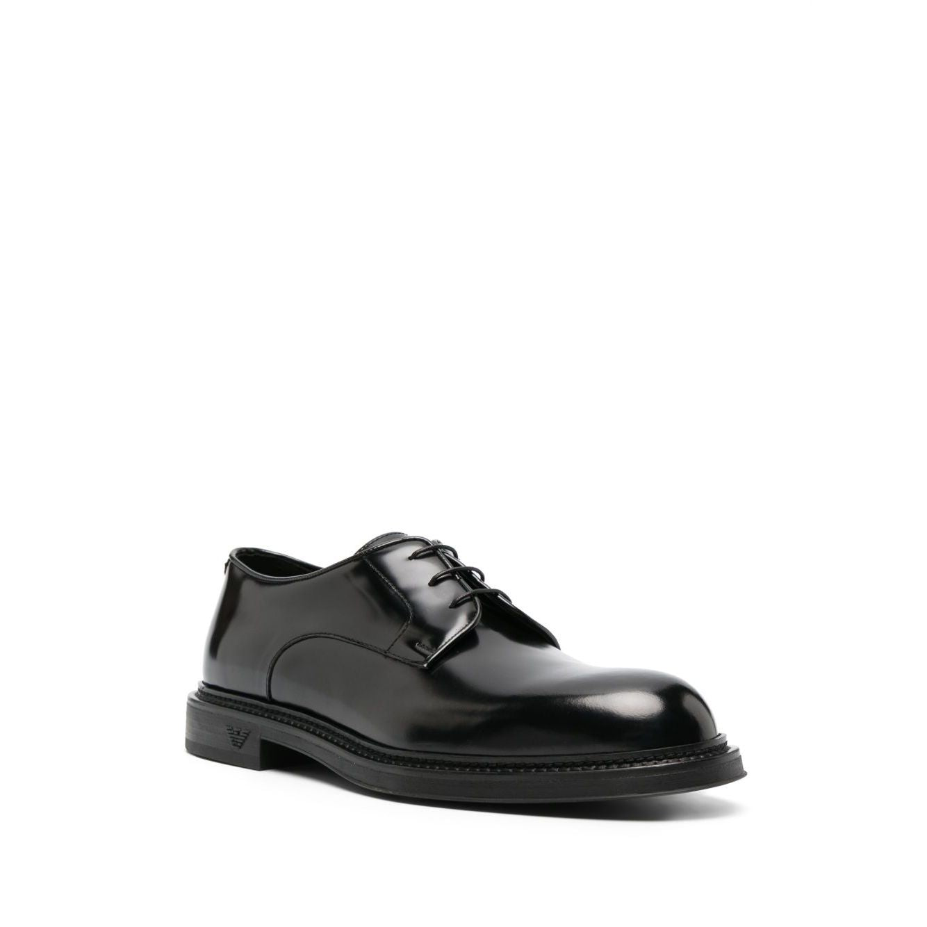 EMPORIO ARMANI EXCLUSIVE Derby shoes in buffed leather with black patent finish, almond toe, and rubber sole on white background.