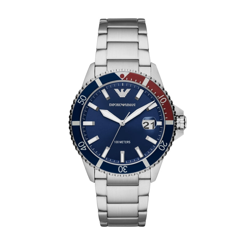 Blue and silver EMPORIO ARMANI MOD. AR11339 wristwatch with stainless steel case and bracelet, mineral dial, quartz movement, and 10 ATM water resistance.