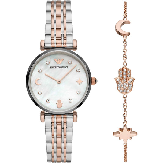EMPORIO ARMANI MOD. GIANNI Set + bracelet, 32mm lady wristwatch with special packaging, featuring crystal accents and elegant design.