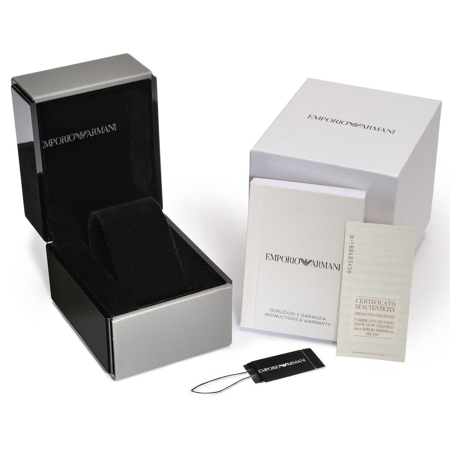 Official packaging for EMPORIO ARMANI Mod. RENATO wristwatch in stainless steel, featuring warranty and instruction manual.