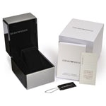 Official packaging for EMPORIO ARMANI Mod. RENATO wristwatch in stainless steel, featuring warranty and instruction manual.