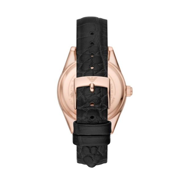 Back view of EMPORIO ARMANI WATCHES Mod. AR11505 with black leather strap, showcasing stylish design and stainless steel case.