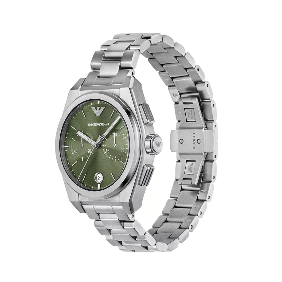 EMPORIO ARMANI WATCHES Mod. AR11640, gent wristwatch with 43mm case in official packaging, sleek silver design with green dial.
