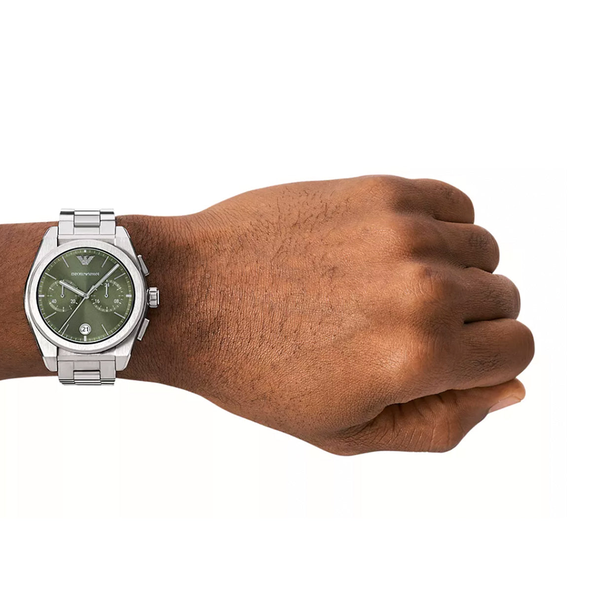 EMPORIO ARMANI WATCHES Mod. AR11640, 43mm gent wristwatch on wrist, official packaging included.