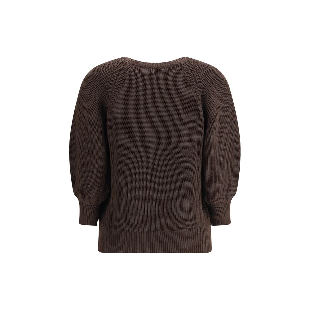 Back view of Ella Brown Merino Wool Sweatshirt, a chunky knit with ribbed crewneck and cuffs, perfect for cold weather.