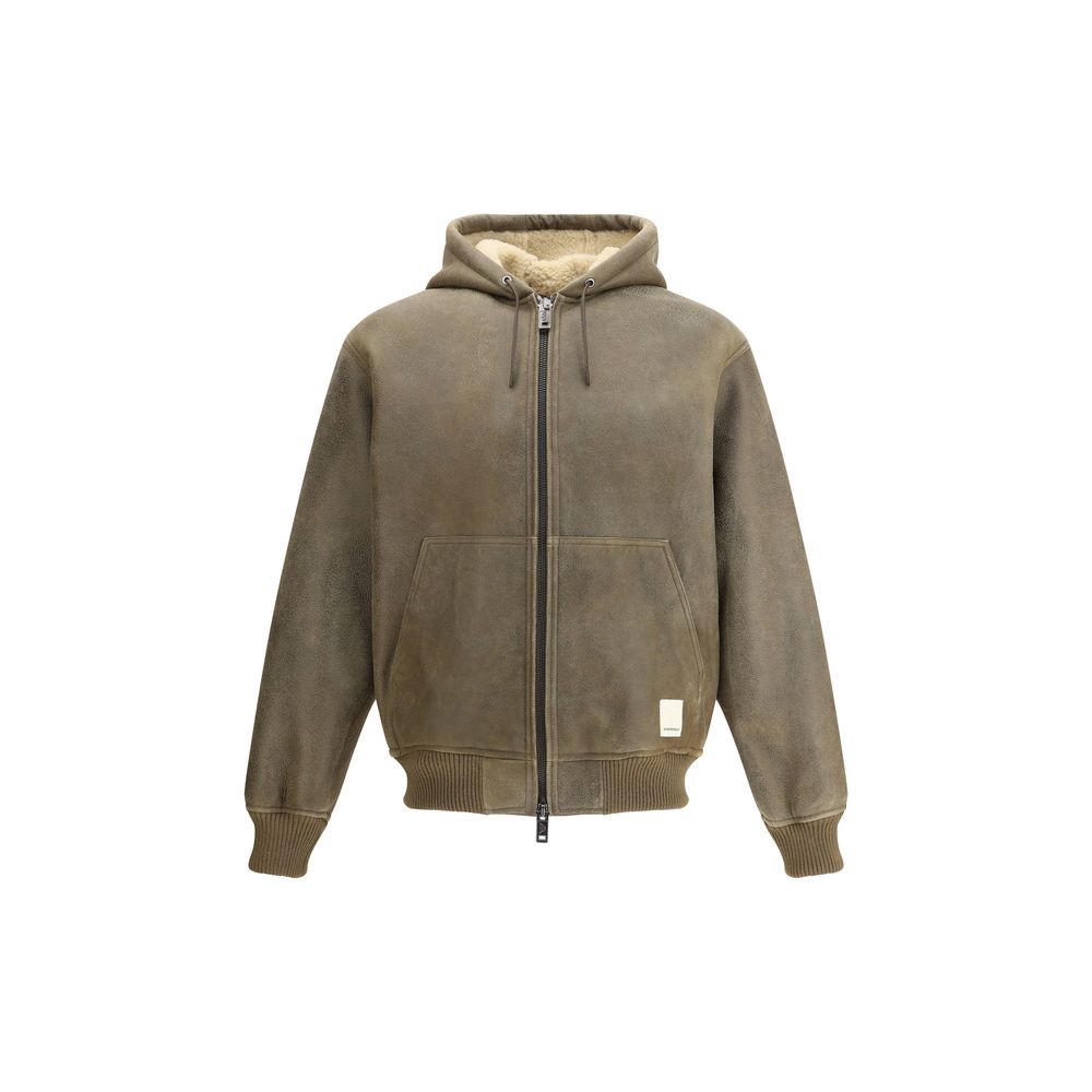 Emporio Armani Brown Lamb Ovis Aries Aries Bomber with drawstring hood and patch pockets, ideal for urban style and comfort.