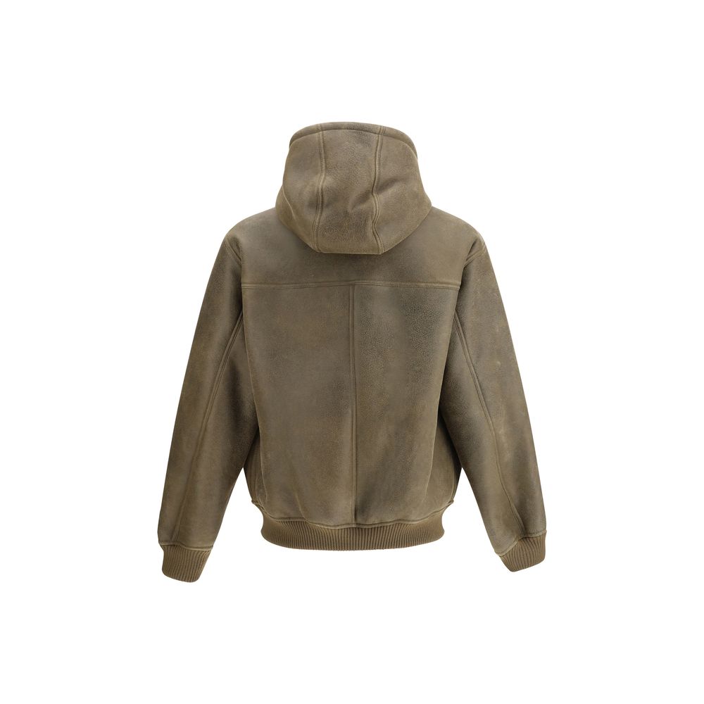 Emporio Armani Brown Lamb Ovis Aries Aries Bomber with hood view, showcasing stylish design and ribbed cuffs for a comfortable fit.