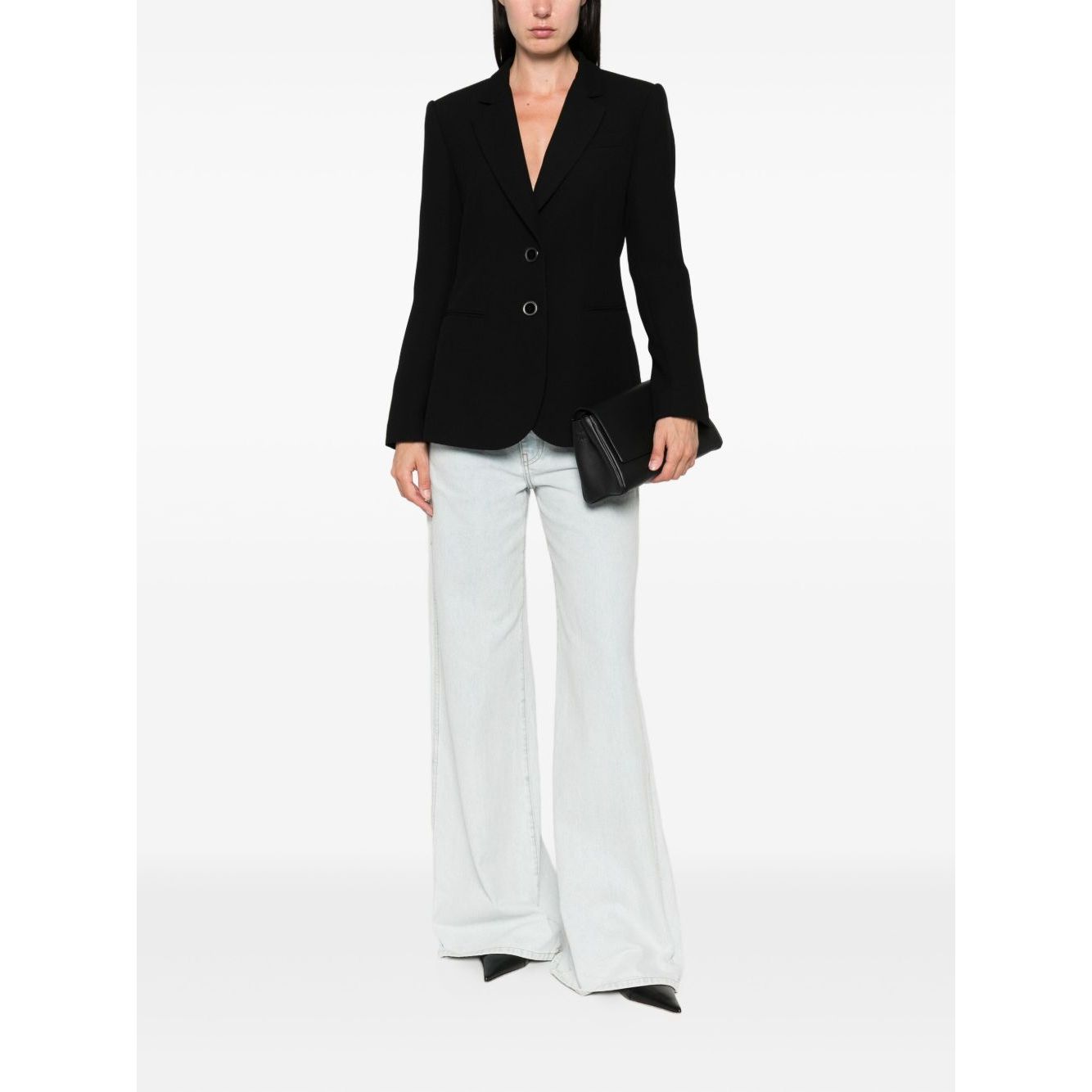 Woman wearing Emporio Armani Jackets Black, single-breasted blazer with notched lapel and welt pockets, paired with white trousers.