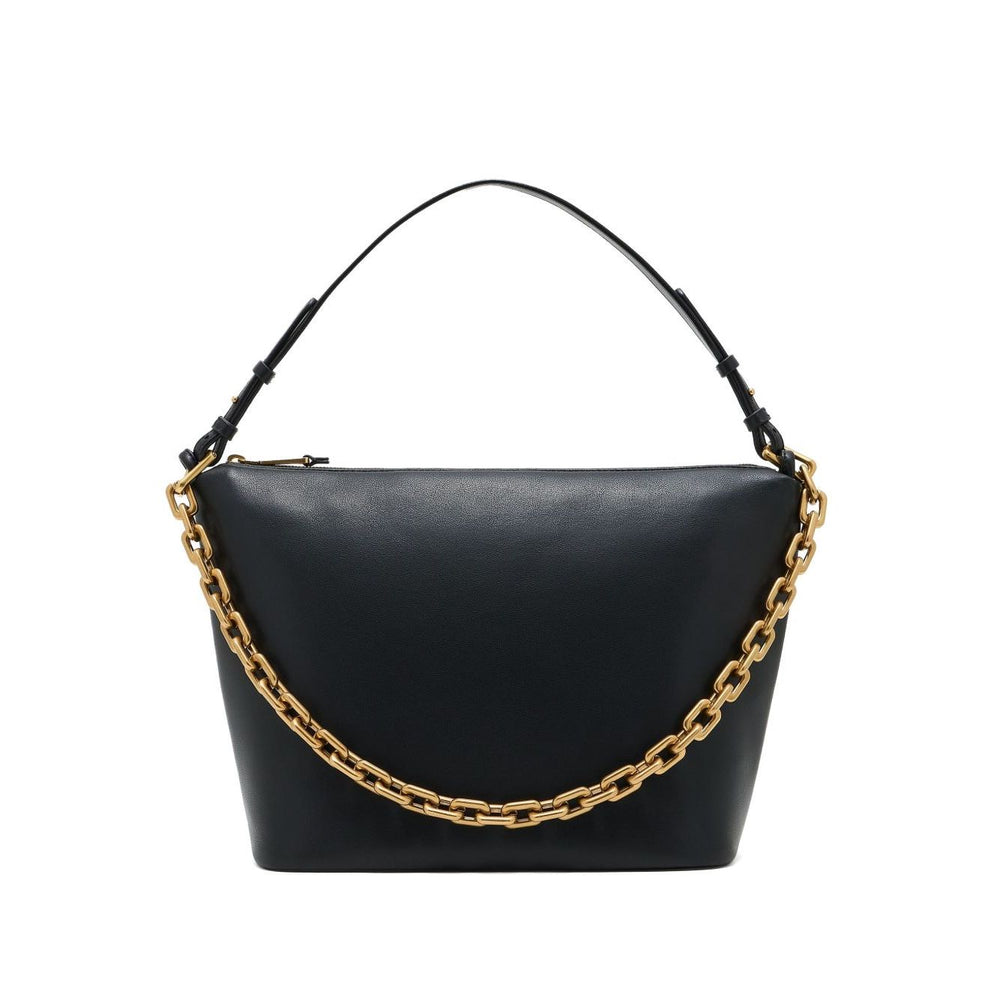 Emporio Armani Medium leather hobo bag with chain in black leather with gold-tone chain detail and zip fastening.