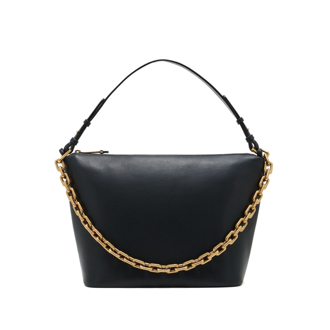Emporio Armani Medium leather hobo bag with chain in black leather with gold-tone chain detail and zip fastening.