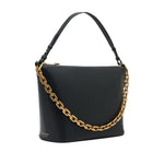 Emporio Armani Medium leather hobo bag with chain in black leather, features gold-tone chain detail, zip fastening, and top handle.