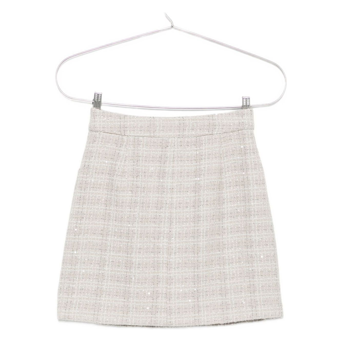 Emporio Armani Skirts Grey, light grey tweed check pattern, sequin embellishment, A-line, wool blend mini skirt with concealed zip.