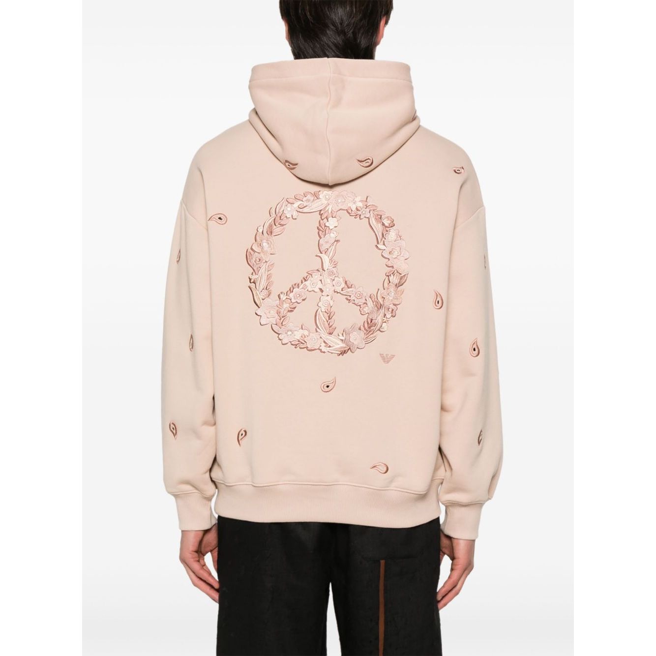 Back view of Emporio Armani Sweaters Powder in blush pink, showing peace symbol design, organic cotton material, drop shoulder style.
